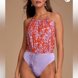 Free people Liza purple Multi Floral Halter Bodysuit. M